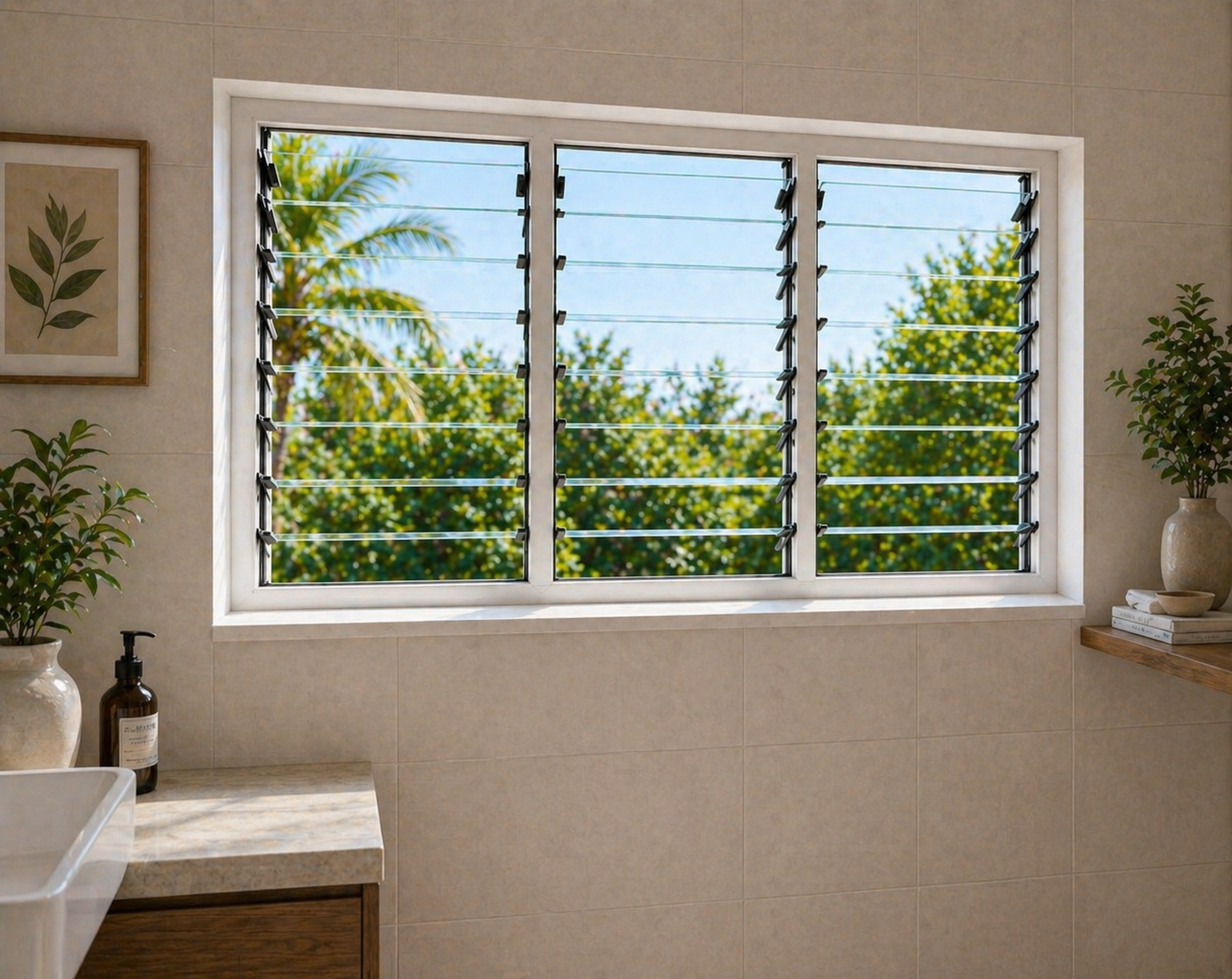 uPVC louver windows Coimbatore – horizontal slat design for airflow control and privacy, perfectly suited for South Indian tropical climate